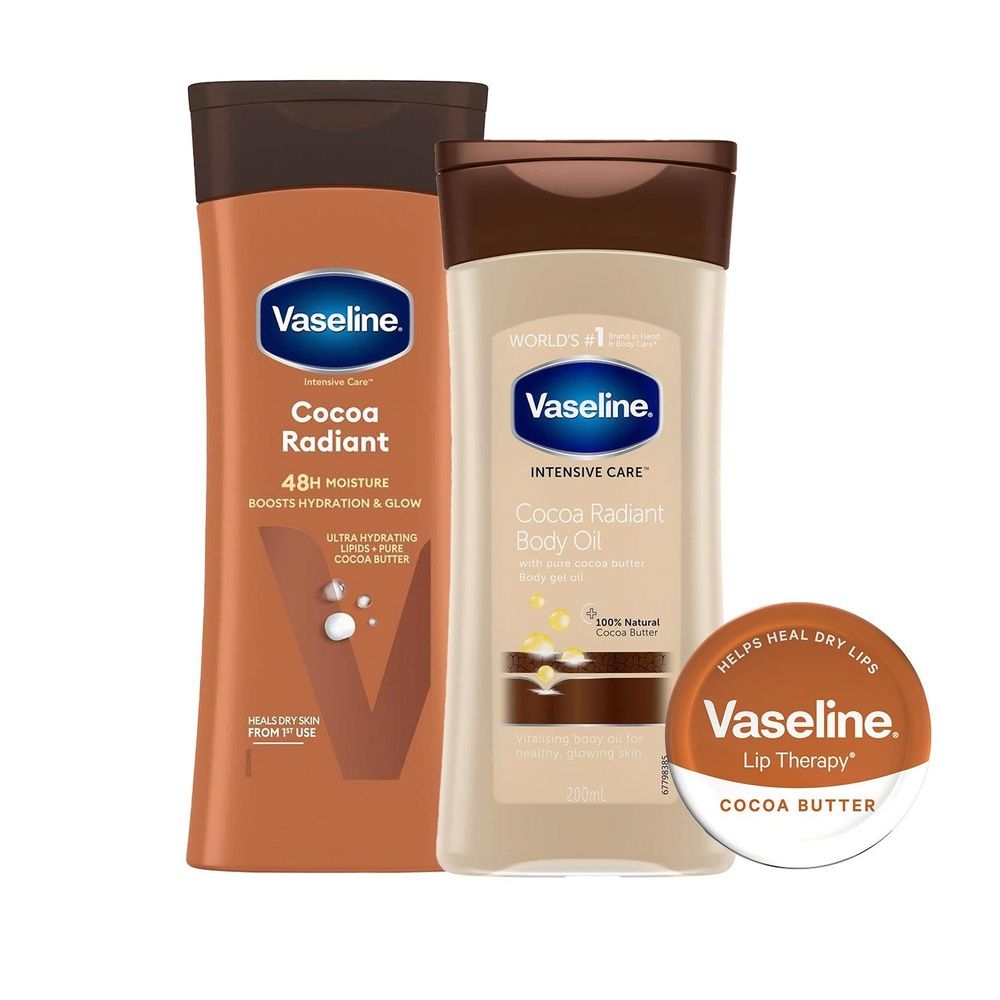 Vaseline Gift Set Cocoa Body Lotion 400ml, Gel Oil 200ml & Lip Therapy 20g