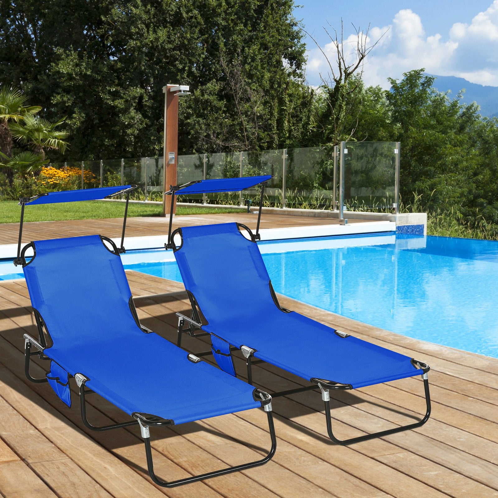 2 Piece Folding Sun Loungers With Adjustable Backrest | Blue
