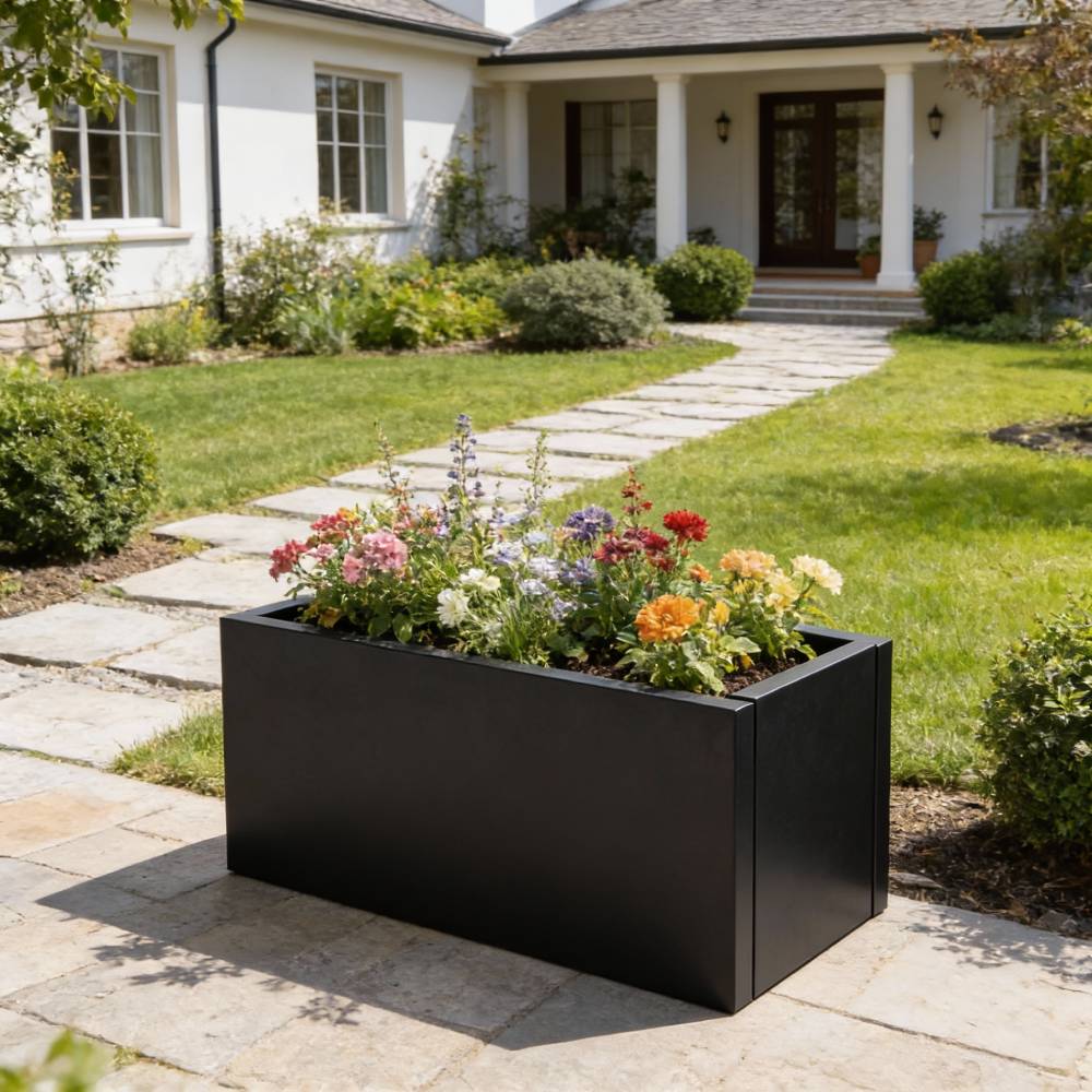 Zinc Galvanized Steel Planter Box With Drainage Hole –rectangle Raised Planter Box Outdoor Balcony Garden Trough Pot | Small | Jet Black