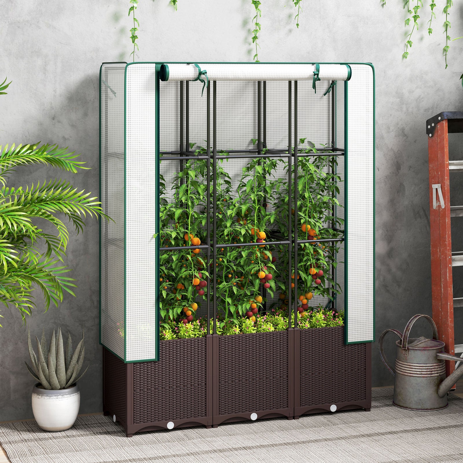 Raised Garden Bed With Trellis, Plastic Planter Box