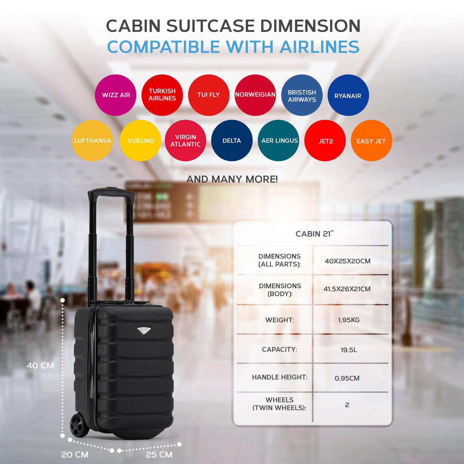 40x20x25cm Hard Case Cabin Suitcase Ryanair Free Approved Carry On | Cabin | Black
