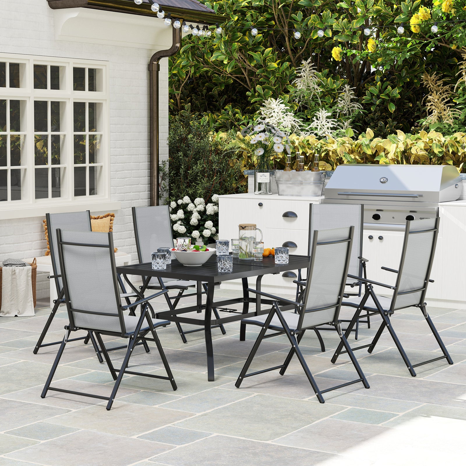 7 Pcs Garden Dining Set, Folding Chairs And Metal Top Table | Gray