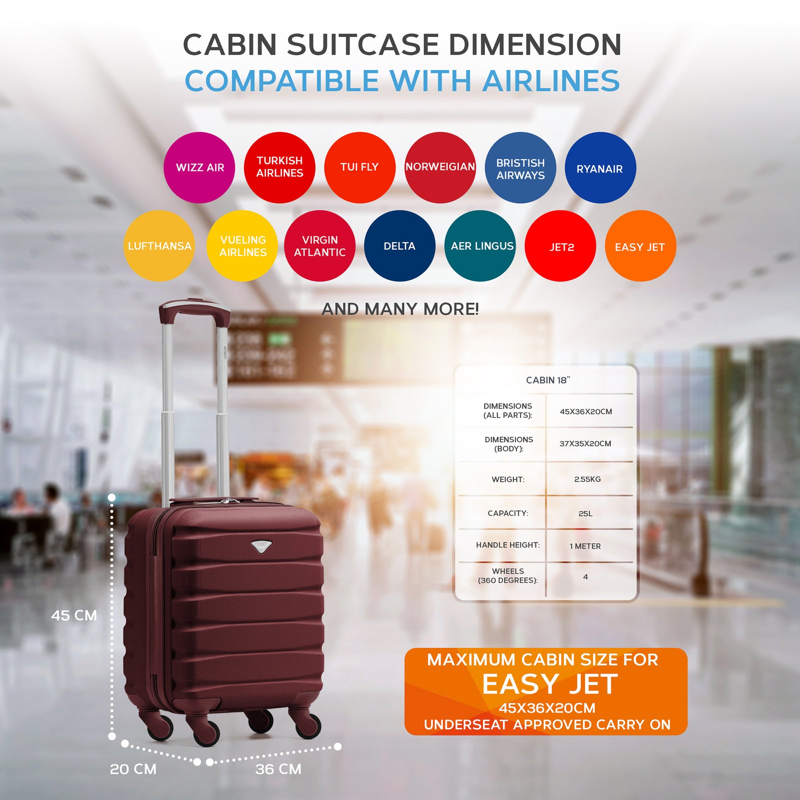 45x36x20cm Lightweight Underseat Cabin Carry On Suitcase - 100+ Airline Approved - Hard Shell Luggage - 4 Wheels | 45 x 36 x 20cm | Burgundy