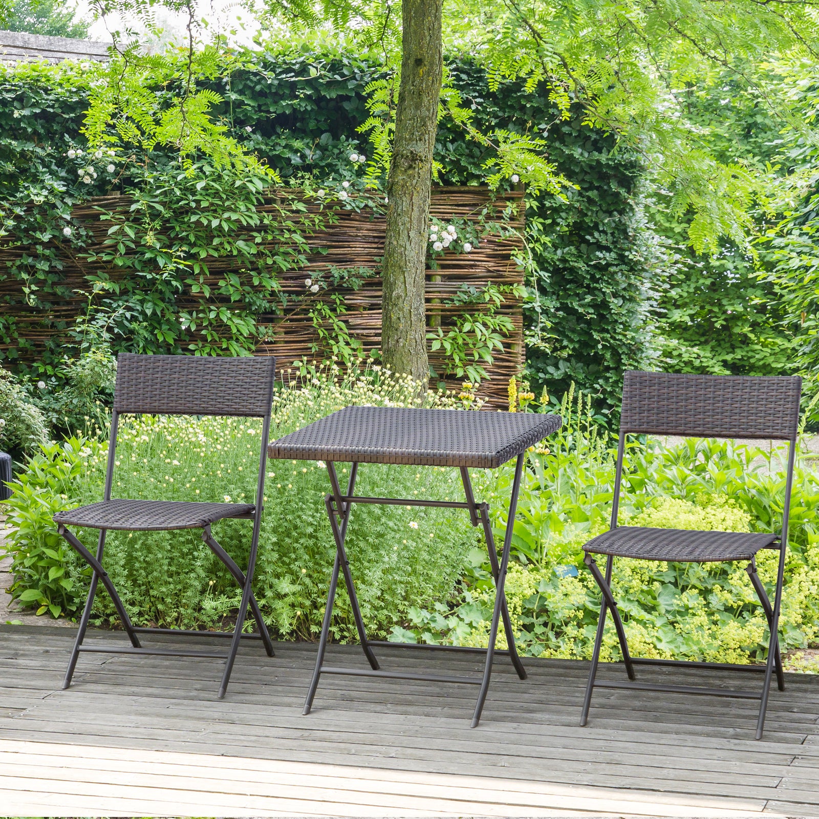 3pc Bistro Set Rattan Furniture Garden Folding Chair Table | Black