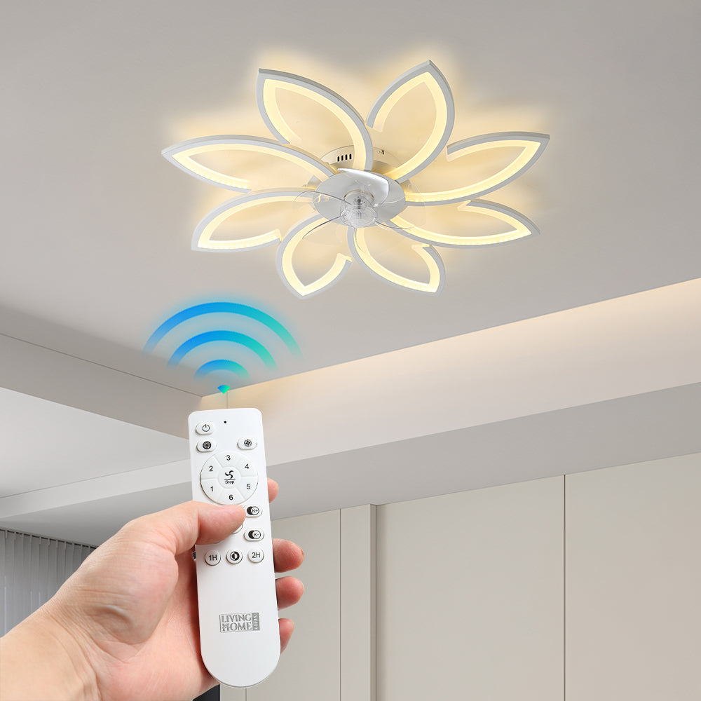 White 8-petal Ceiling Fan Light 3 Blades With 3-color Dimming, 6-speed ​, Remote Control, Timer & App Control