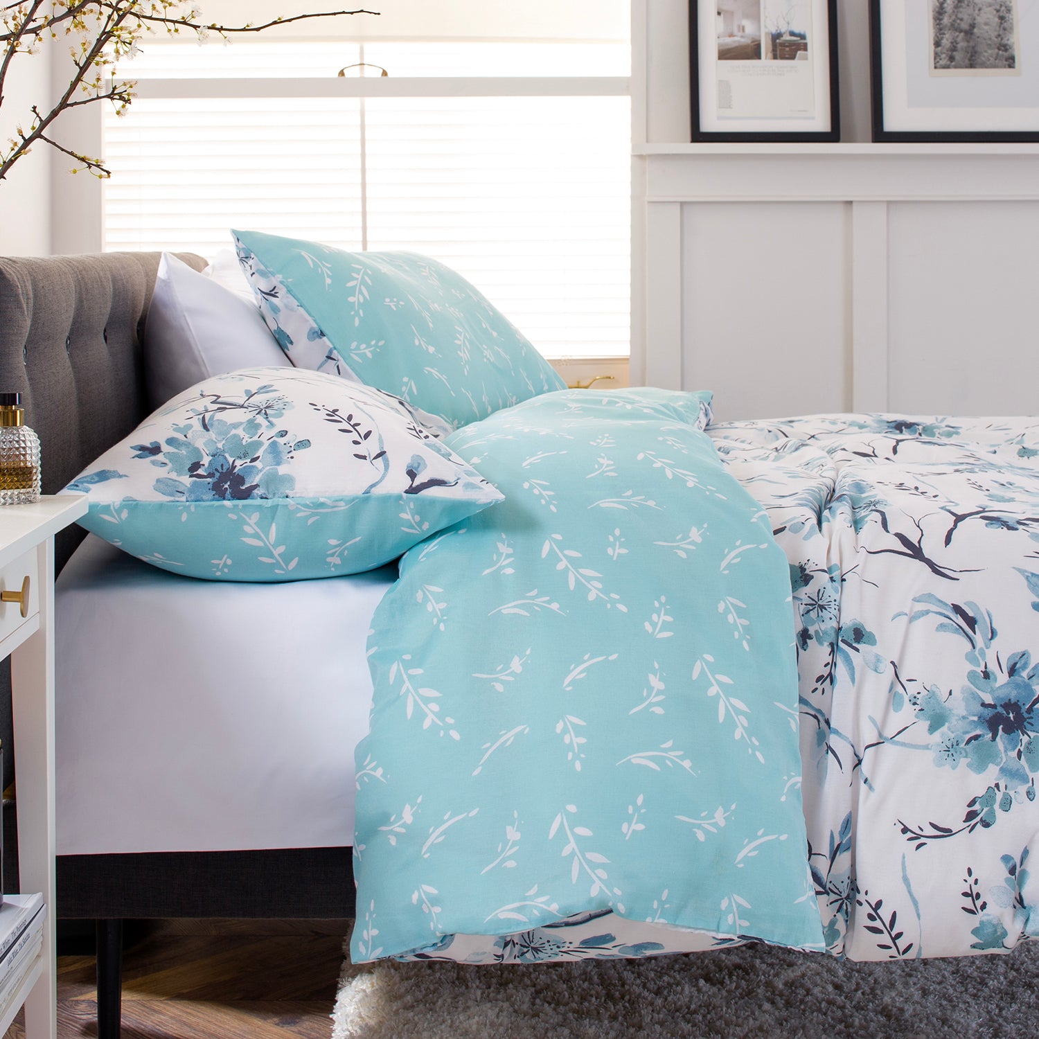 Cherry Blossom Blue Cotton Rich Reversible Duvet Cover Set | King | Blue