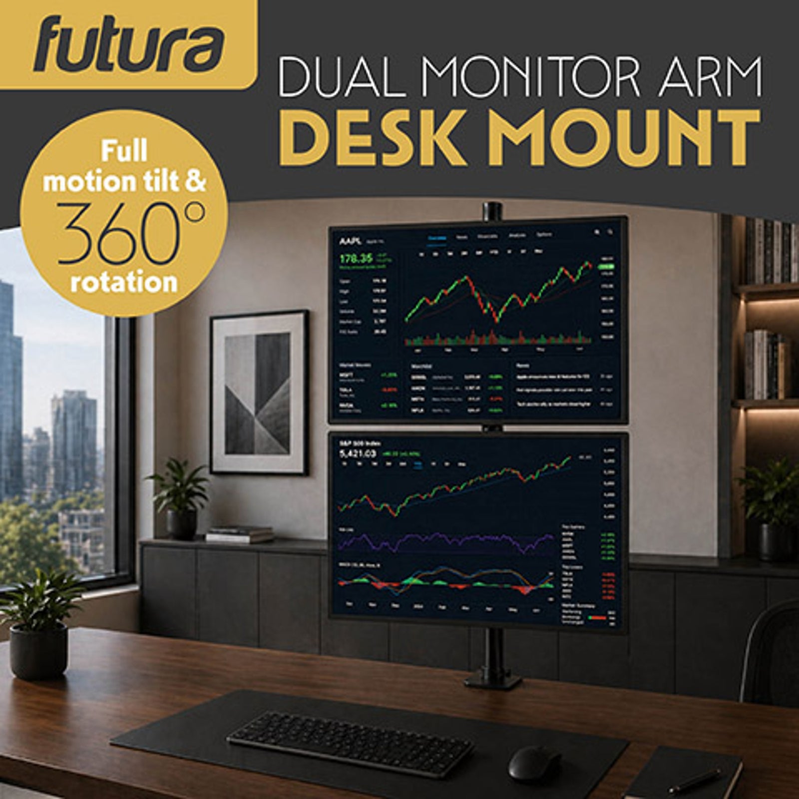 Futura Futura Dual Vertical Monitor Stand 13 To 32 Inch Height Adjustable Clamp Mount Supports 8kg Each
