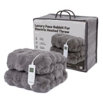 Grey Faux Rabbit Fur Heated Throw With 10 Heat Settings And Timer