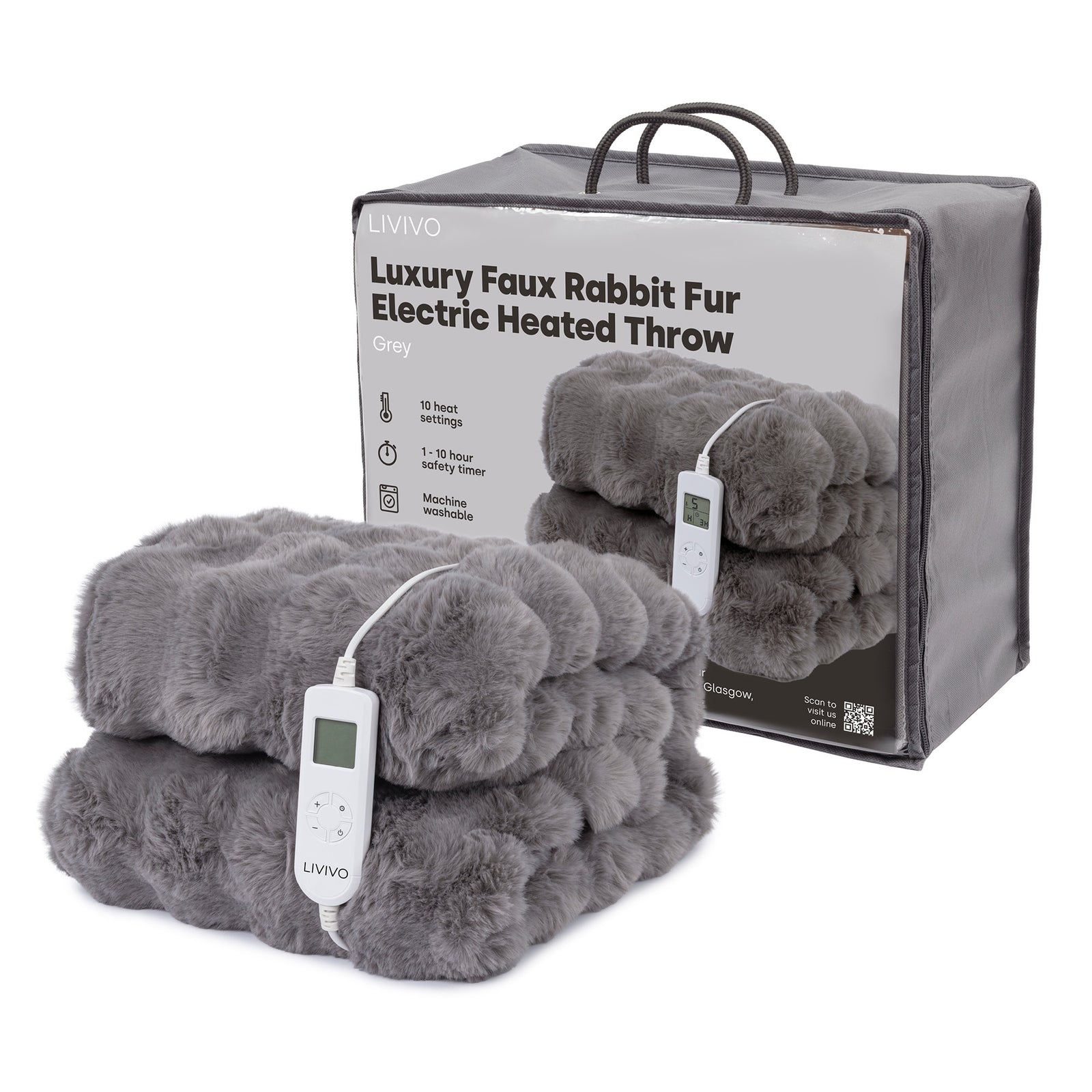 Grey Faux Rabbit Fur Heated Throw With 10 Heat Settings And Timer