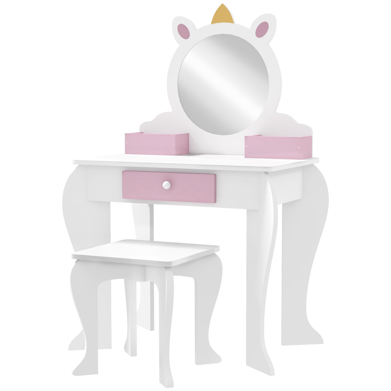 Kids Dressing Table With Mirror And Stool, Unicorn Design, For Ages 3-6 Years | White