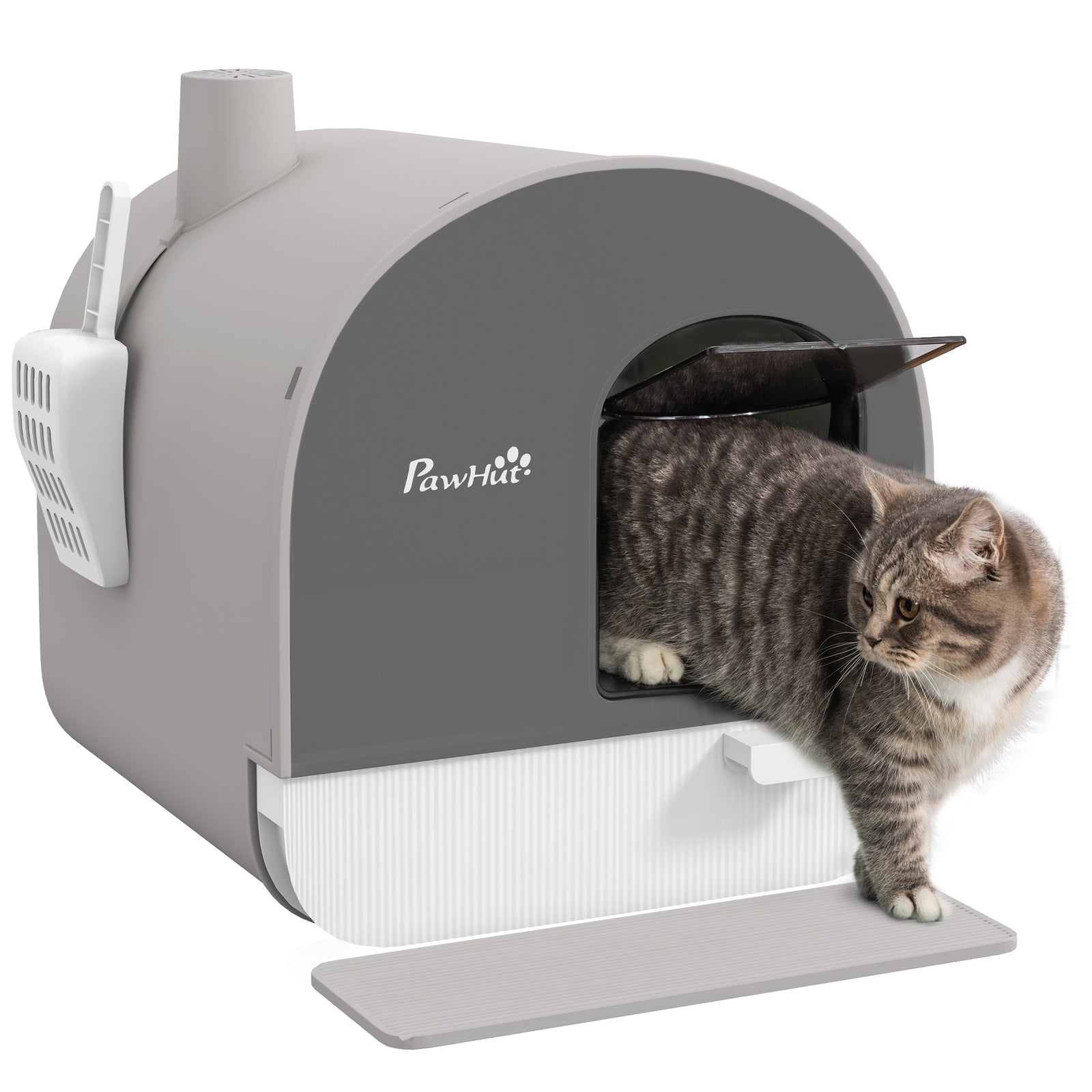 Cat Litter Box W/ Hood, Scoop, Filter, Flap Door | Gray