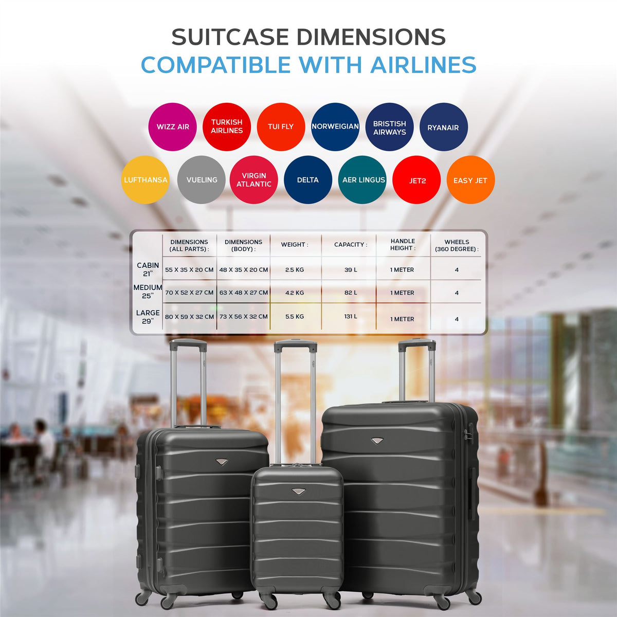 Set Of 3 Hard Shell Suitcase Cabin & Check In Cases With Tsa Lock - Overhead Cabin With Medium & Large Check-in Bag | Set of 3 | Charcoal