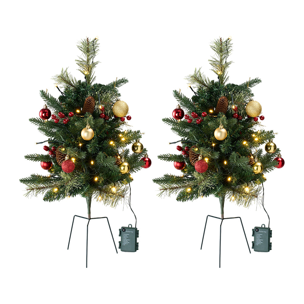 Set Of 2 Mini Led Christmas Trees,artificial Pine With Red Berries & Pinecones, 8 Lighting Modes, Timer Function