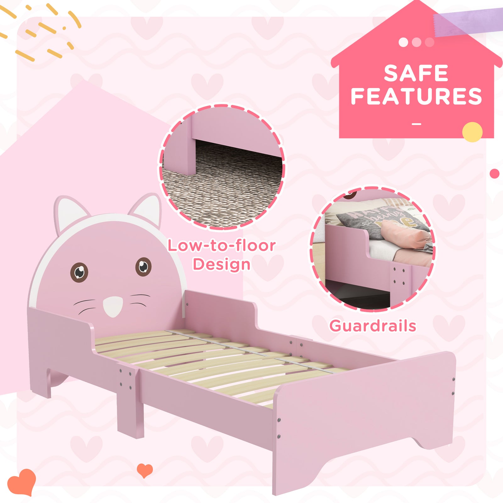 Toddler Bed Frame Cat Design Bed With Guardrails 143l X 74w X 72hcm - Pink | Pink