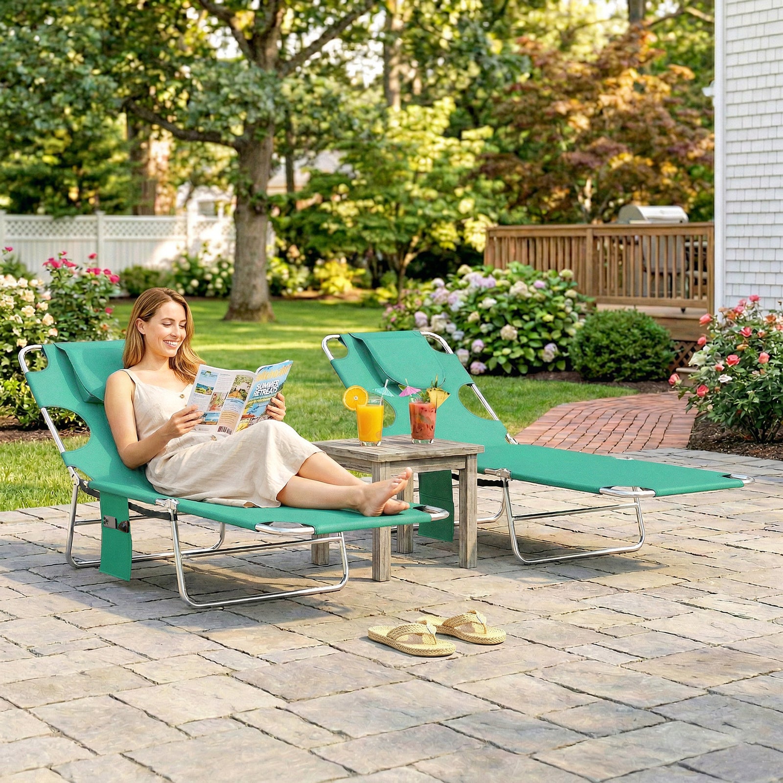 2 Sun Loungers With Reading Hole, Folding Garden Lounger | Green
