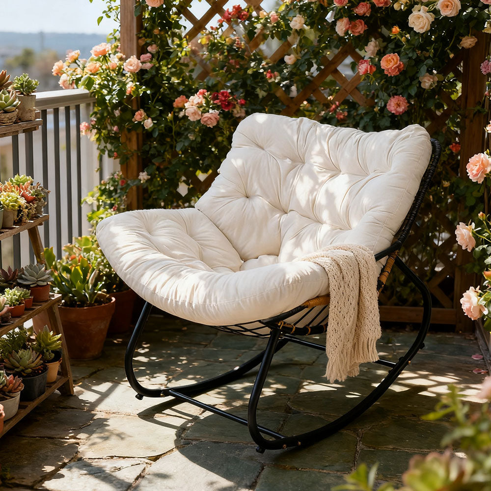 Elegant Rattan Rocking Chair With Cushioned Seat – Stylish And Comfortable Relaxation | White