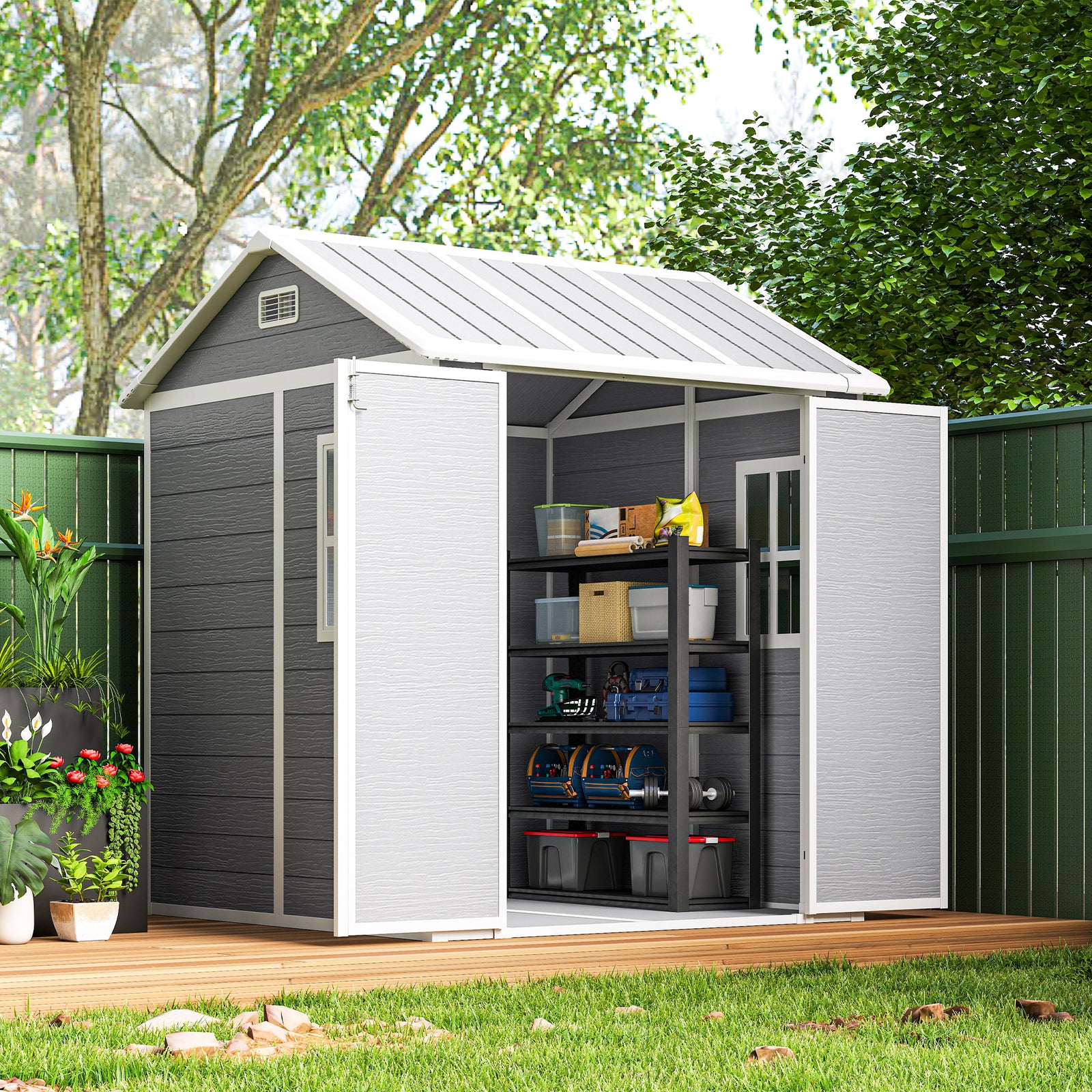 6 X 6ft Plastic Garden Shed With Floor, Window, Vents, Grey
