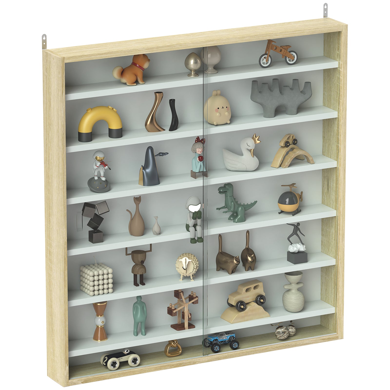 7-tier Wall Display Cabinet W/ Shelves Glass Doors | Oak