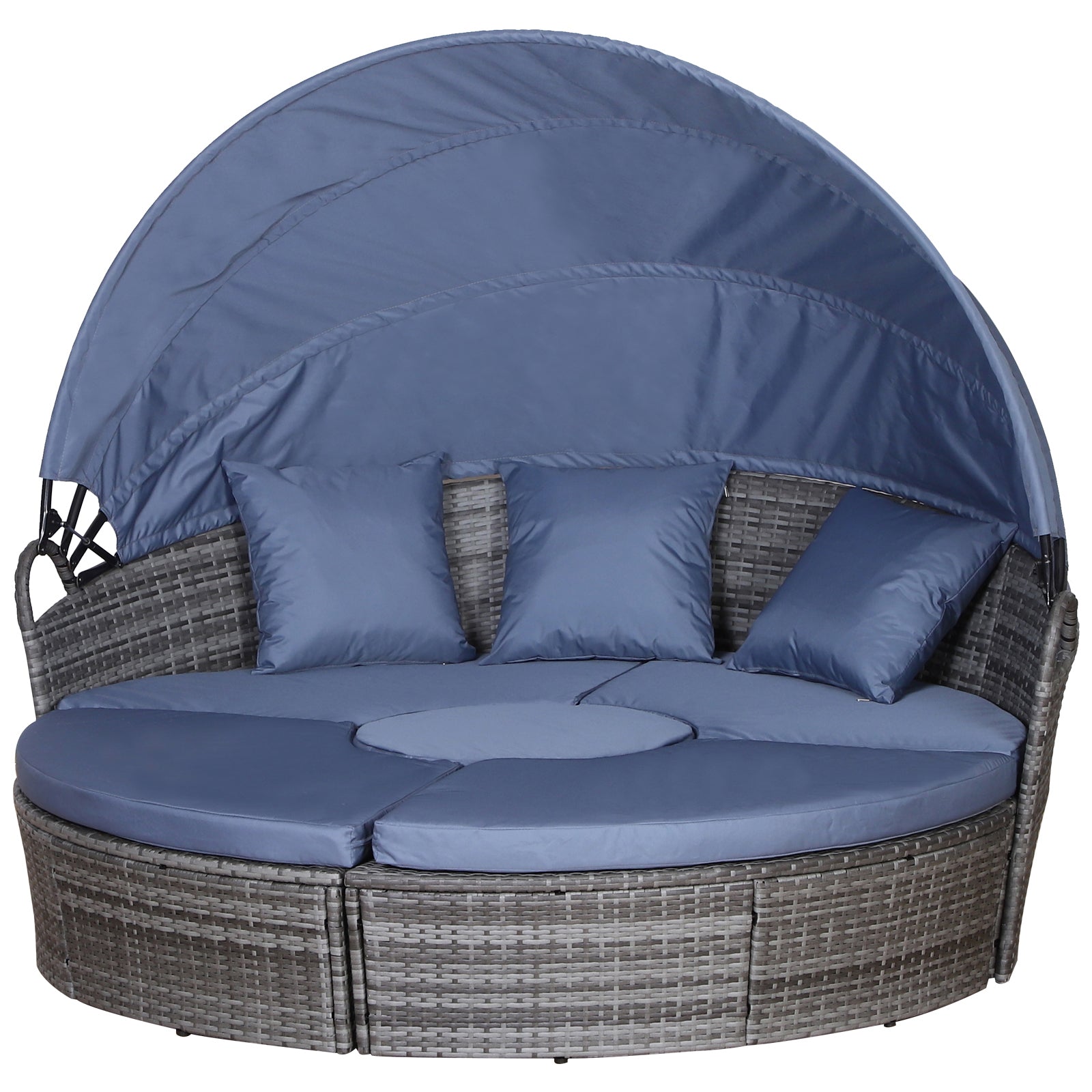 5 Pcs Cushioned Outdoor Rattan Round Sofa Bed Table Set | Dark Gray