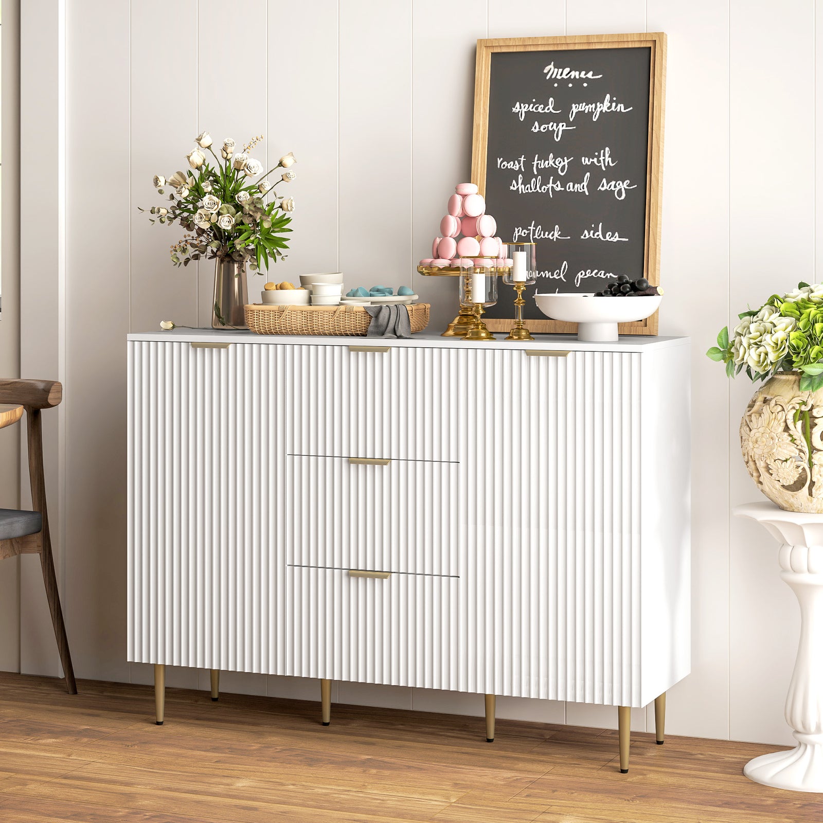 Sideboard Buffet Cabinet W/ 3 Drawers And Adjustable Shelves
