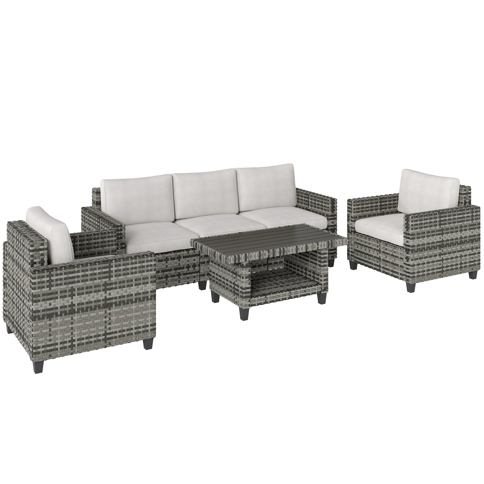 6 Pieces Rattan Set, 5 Seater With Coffee Table, Light Grey