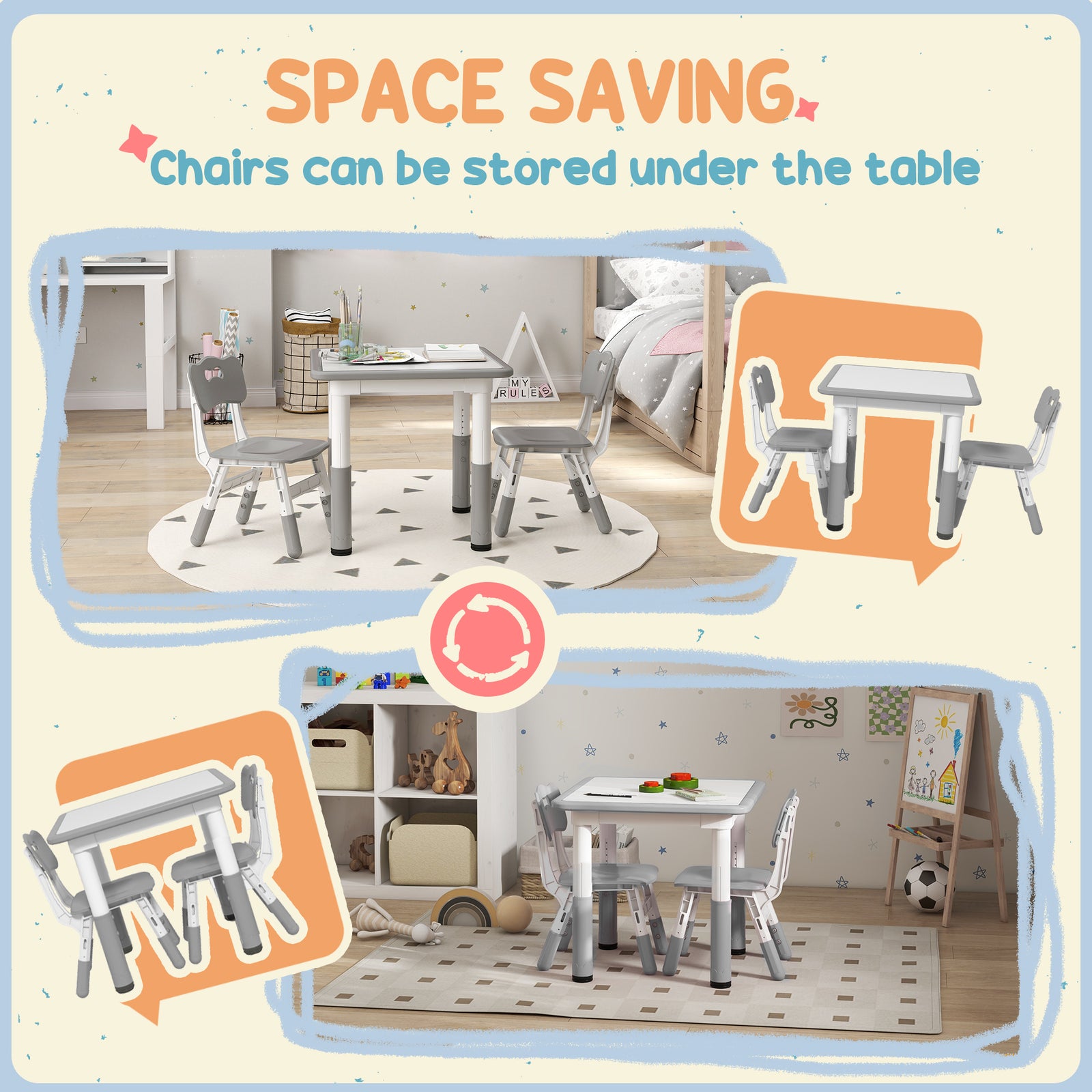 3 Pcs Height Adjustable Kids Table And Chair Set For Playroom | Grey