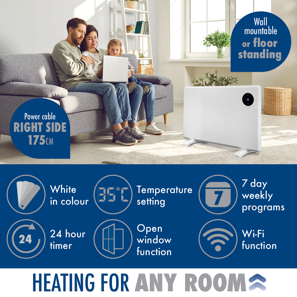 Wifi Smart Electric Radiator Panel Heater White Wall Mounted Or Floor Standing Bathroom Safe Timer And Thermostat | 1200w | White