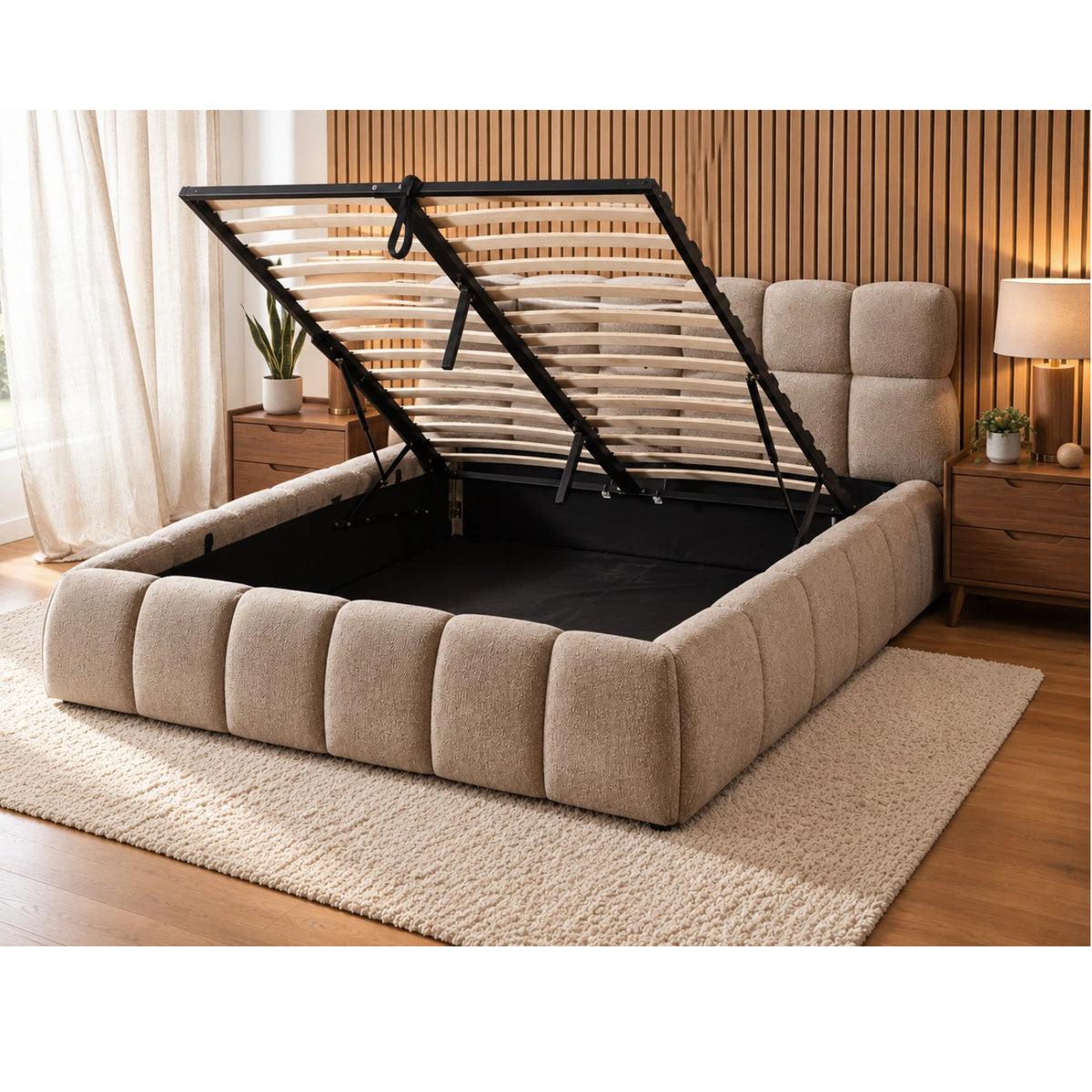 The Maya Upholstered Soft Plush Ottoman Bed Frame | King | Beige