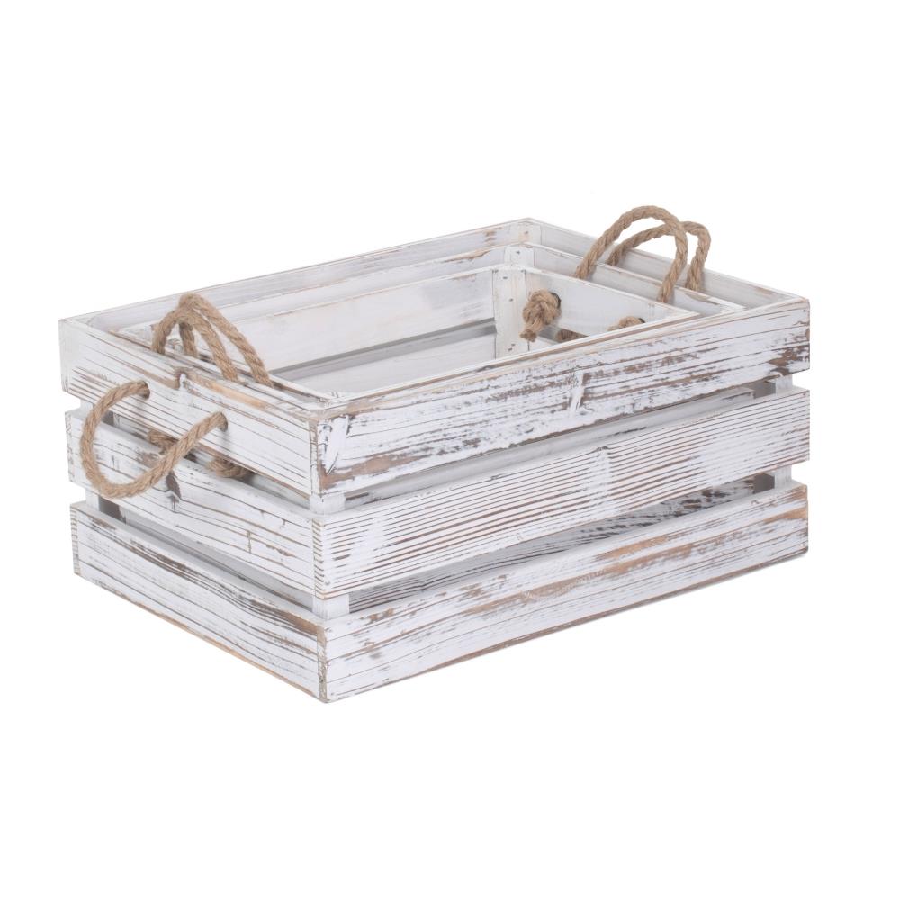 Distressed White Rope Handled Wooden Crate | Set-of-3 | White
