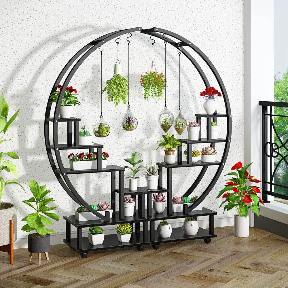2pcs Half-moon-shaped Plant Stand Display Shelf With Wheels