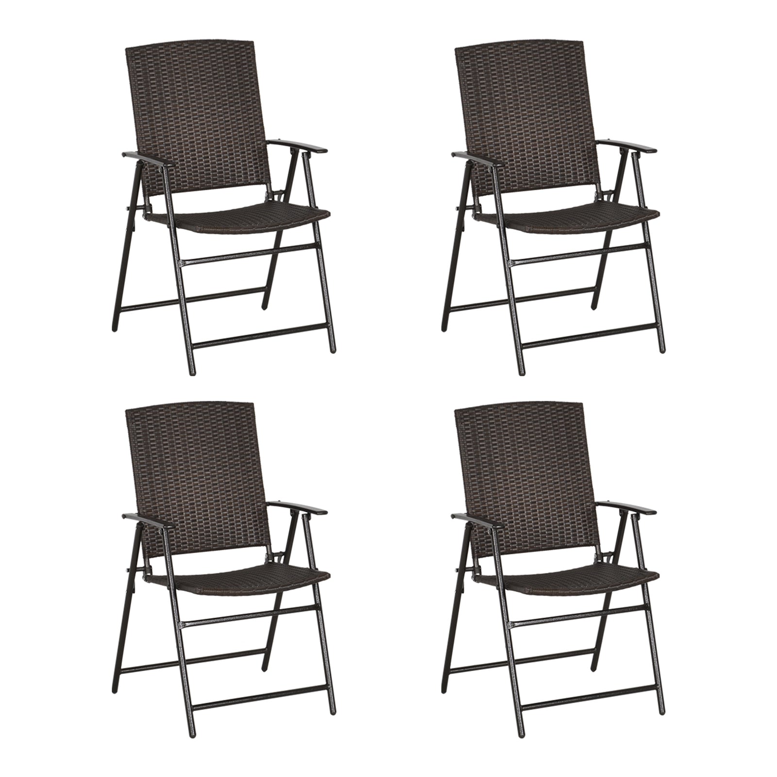 Rattan Chair Foldable Garden Furniture W/ Armrest Steel | Set of 4 | Brown