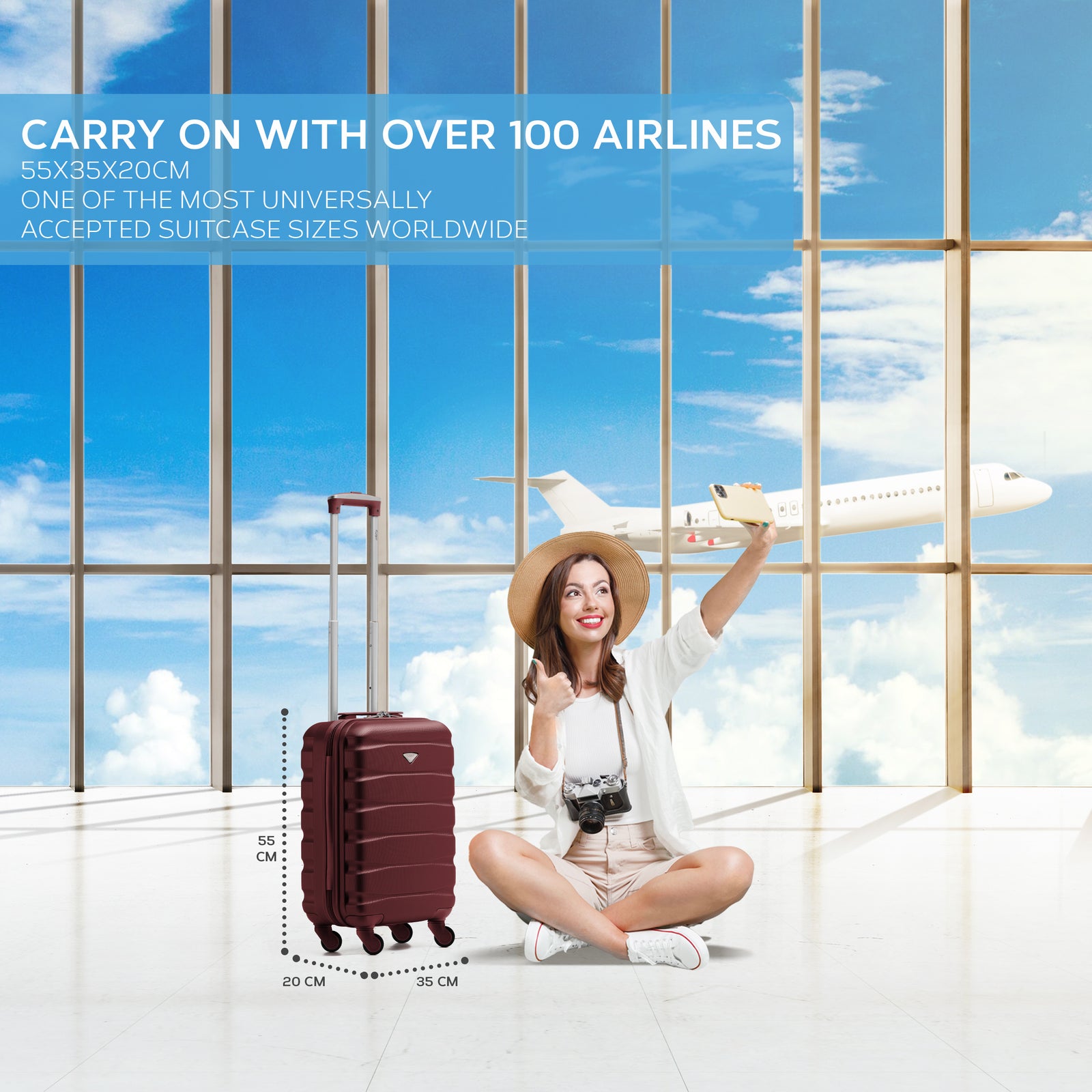 55x35x20cm Lightweight 4 Wheel Cabin Carry On Suitcase Overhead Case Approved For 100+ Airlines With Integrated Tsa Lock | 55 x 35 x 20cm | Burgundy