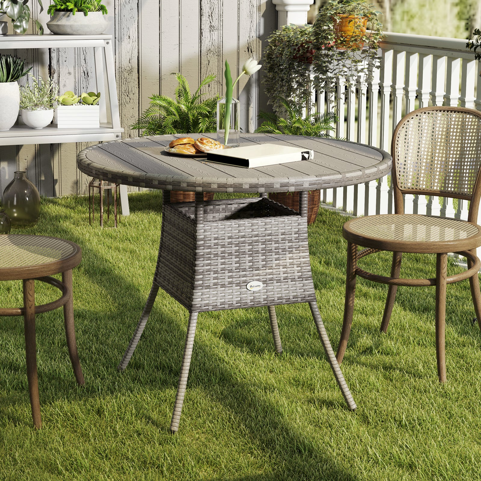 Outdoor Pe Rattan Dining Table W/ Wood-plastic Composite Top