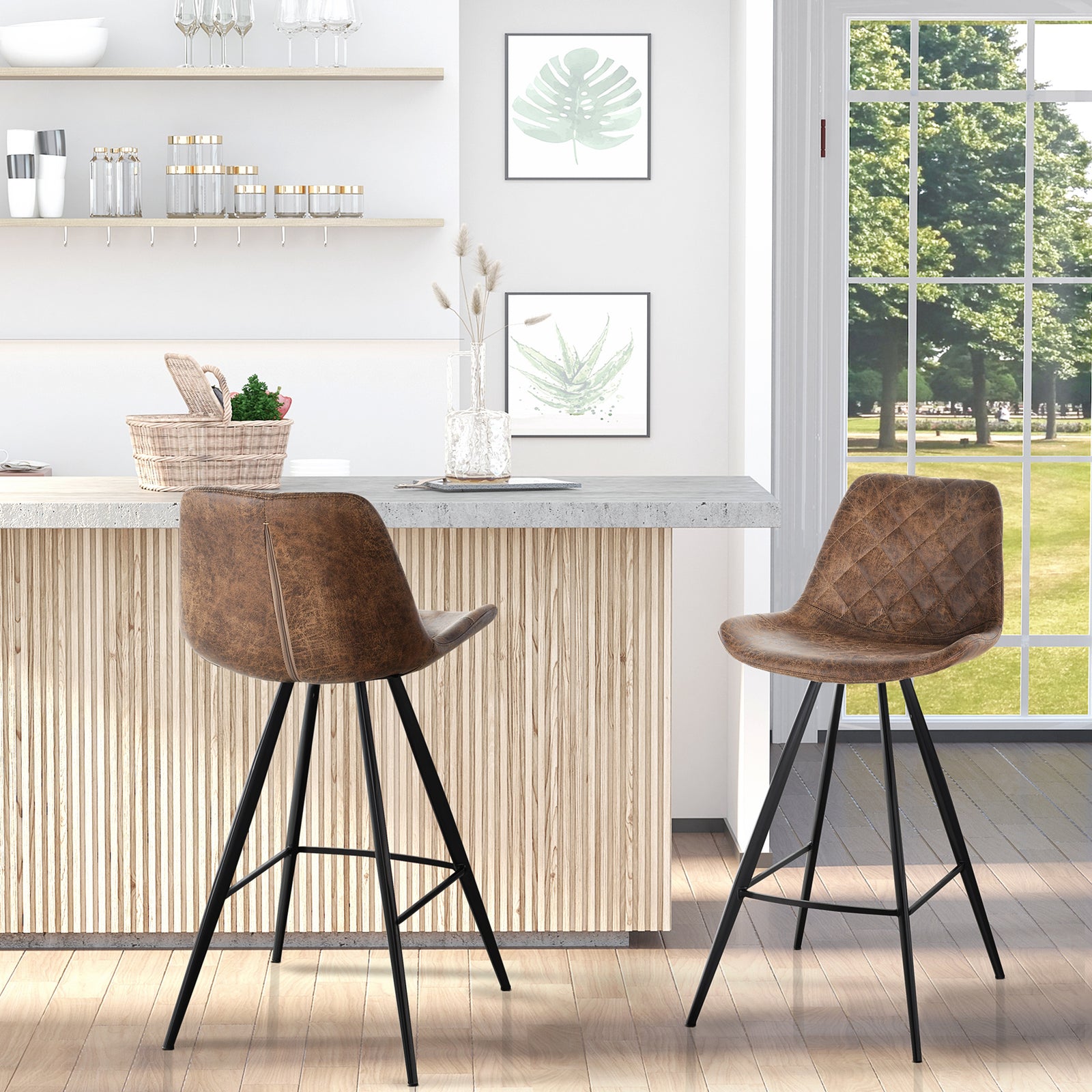 Set Of 2 Vintage Microfiber Bar Stools Steel | Brown
