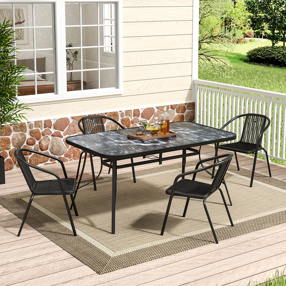 Garden Tempered Glass Square Table With Set Of 4 Pe Rattan Chairs | Large | Black