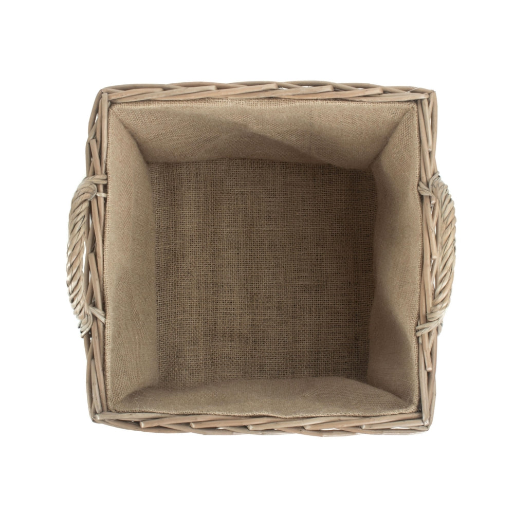 Wicker Antique Wash Square Hessian Lined Log Basket | Small | Brown