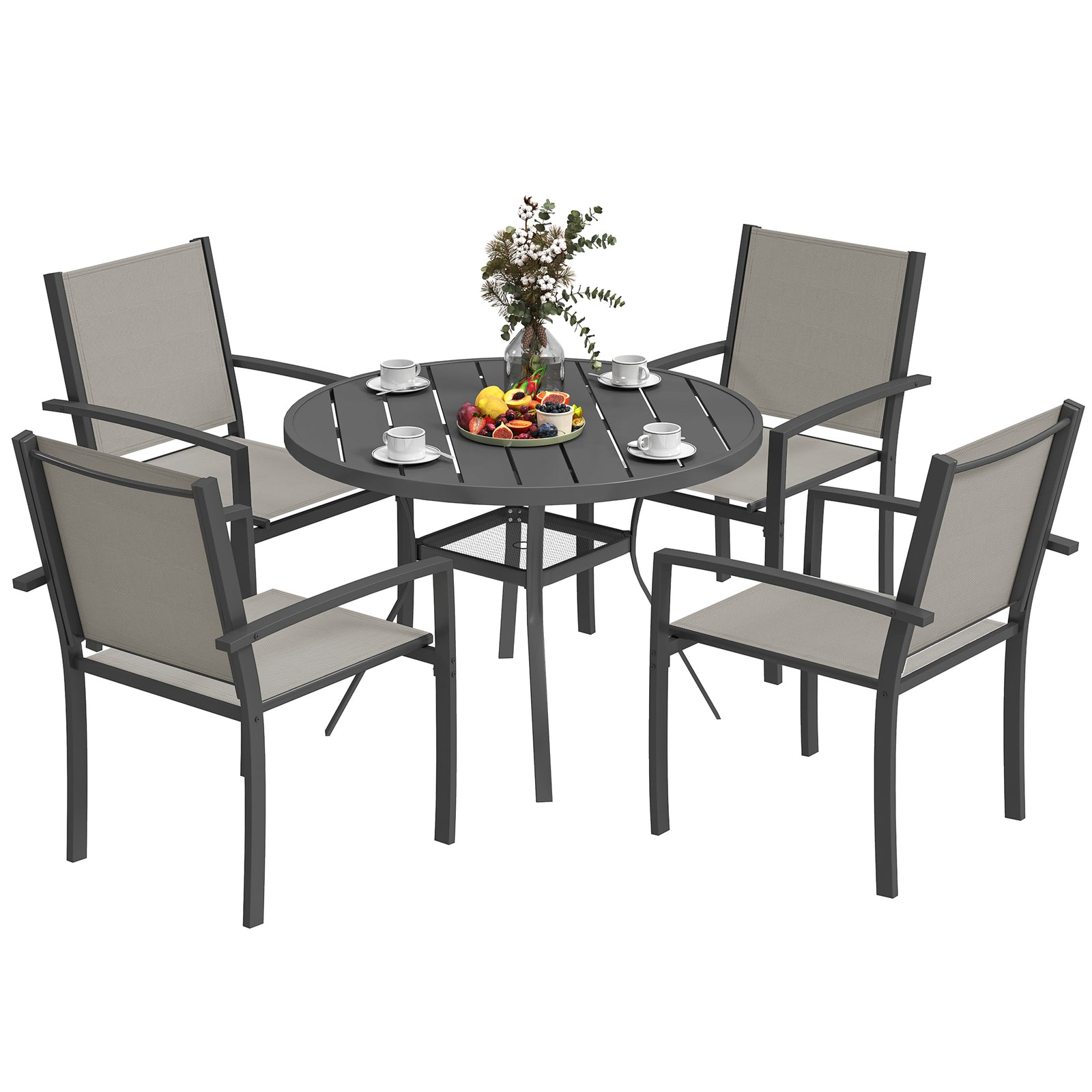 5-piece Round Table Set, 4 Stackable Chairs, Grey