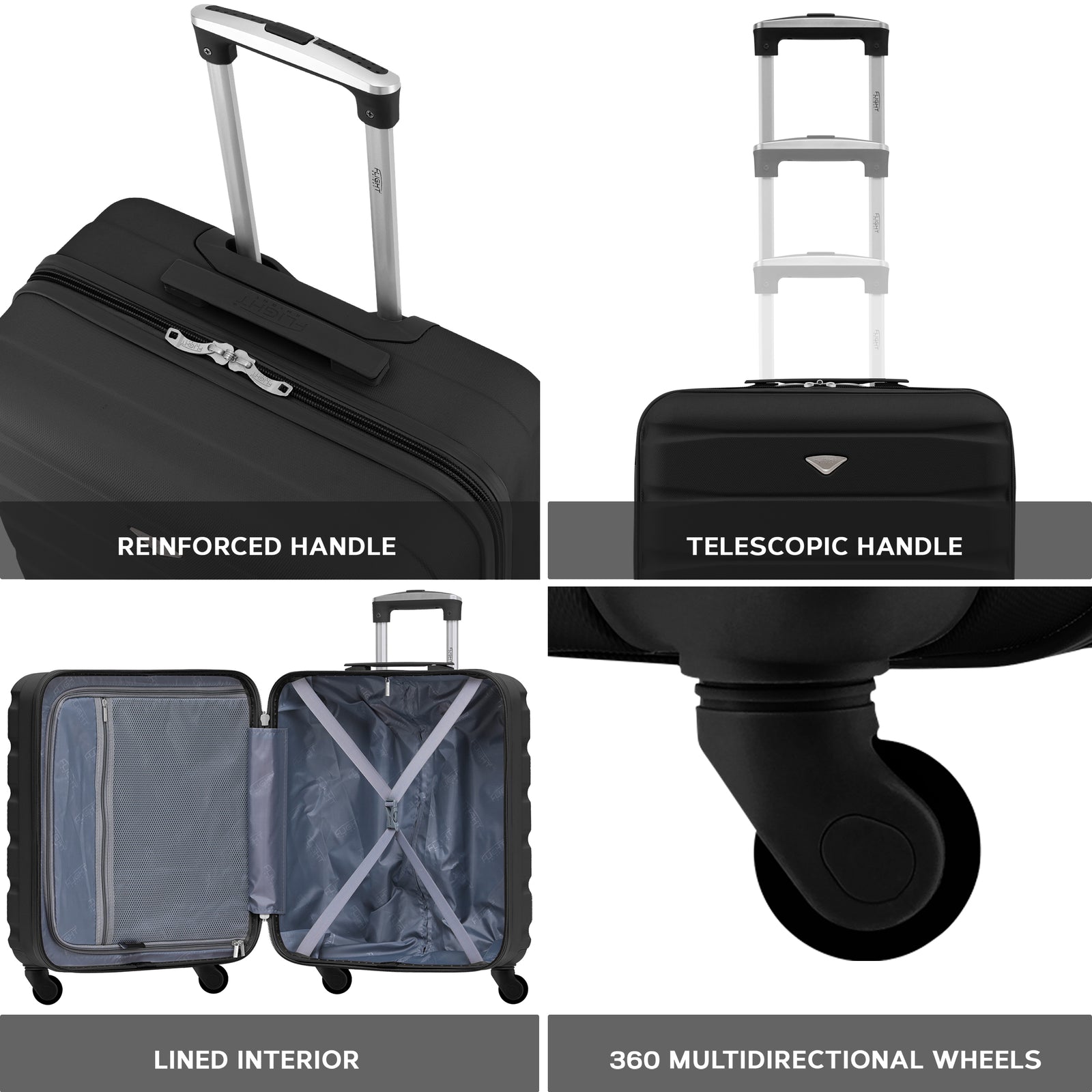 56x45x25cm Large Cabin Carry On Case - Overhead Luggage Suitcase - 4 Spinner Wheels - Abs Shell | 56 x 45 x 25cm | Black & Silver