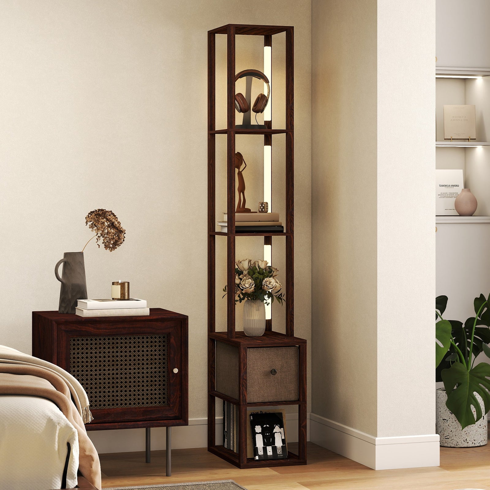 Floor Lamp With Shelves, Led Standing Lamp With Fabric Drawer | Dark Brown