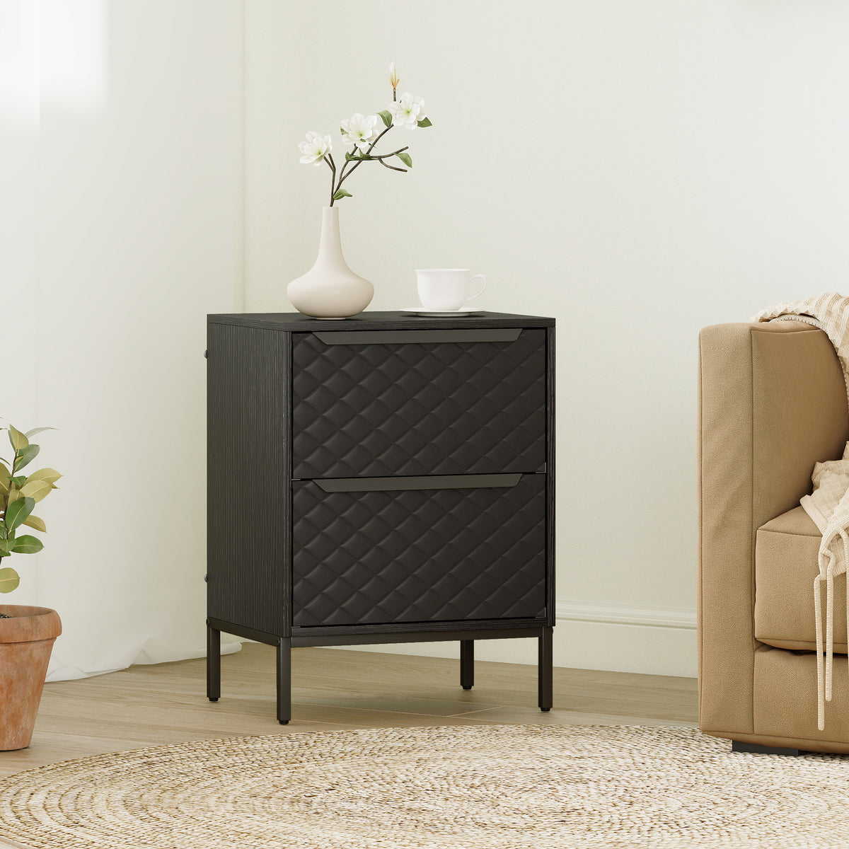 Chest Of Drawers, 2 Fabric Drawer Dresser, Aluminium Handles | Black