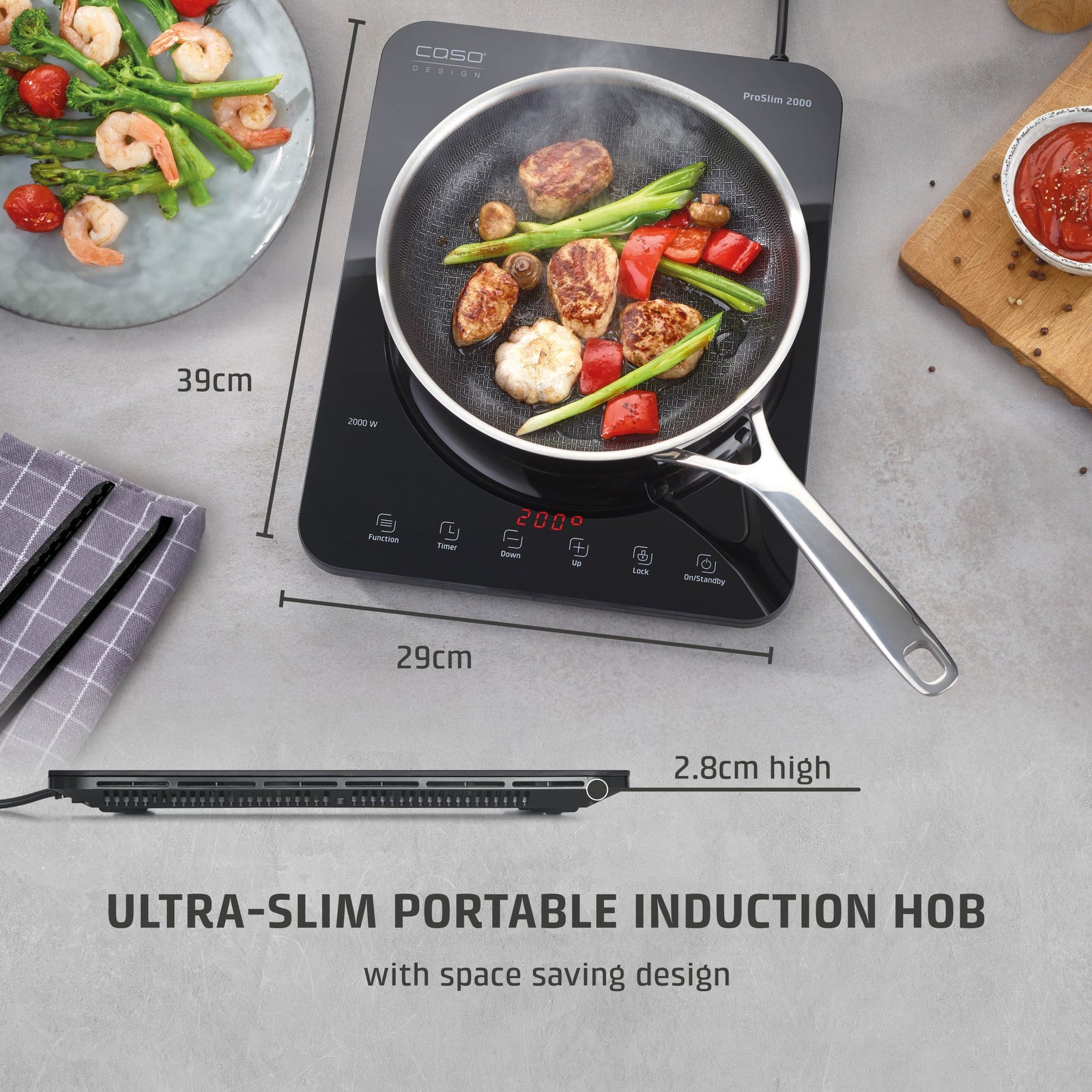 CASO Design Proslim 2000 Portable Induction Hob, Single Electric Hob With 10 Power Levels Up To 240°c