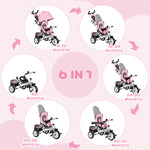6 In 1 Kids Trike, Stroller With Parent Handle | Pink