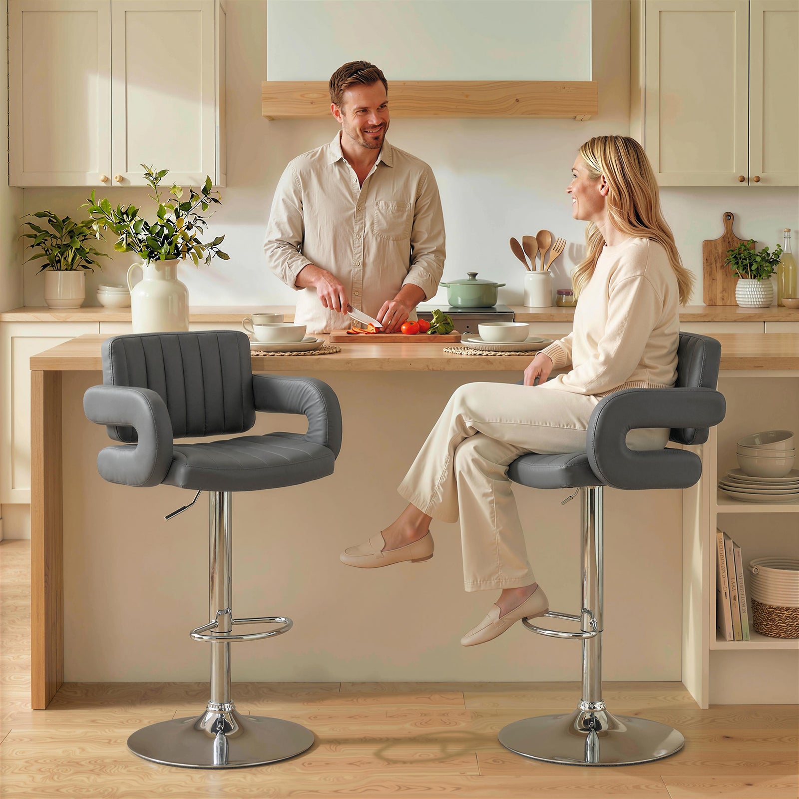 Bar Stools Adjustable Swivel With Armrest Set Of 2 | Grey