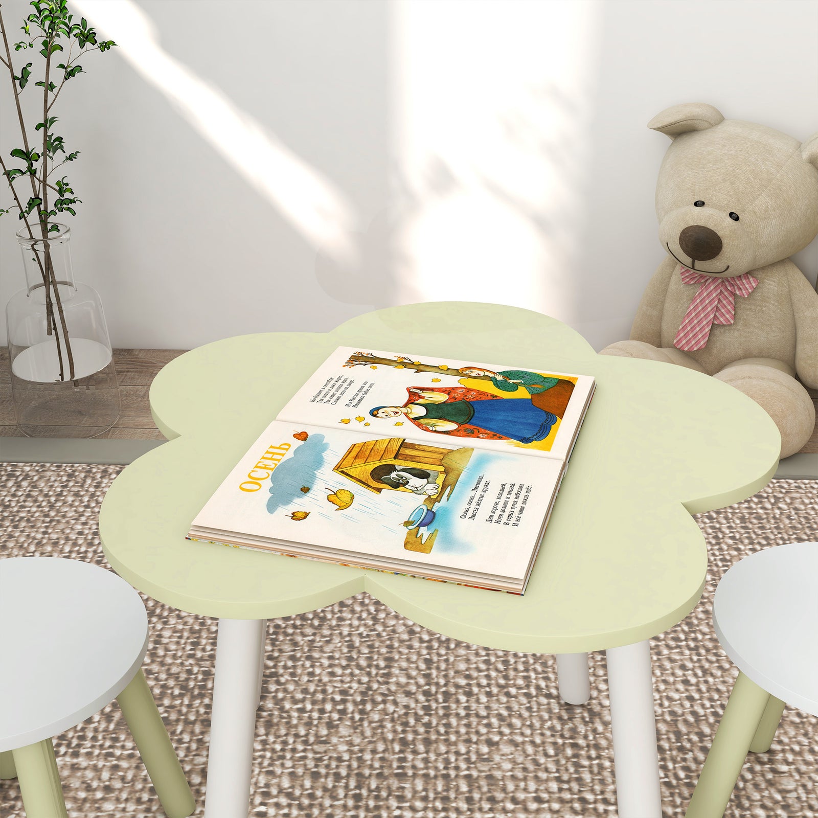 Kids Table And Chair Set, Flower Design, For Ages 2-5 Years - Green