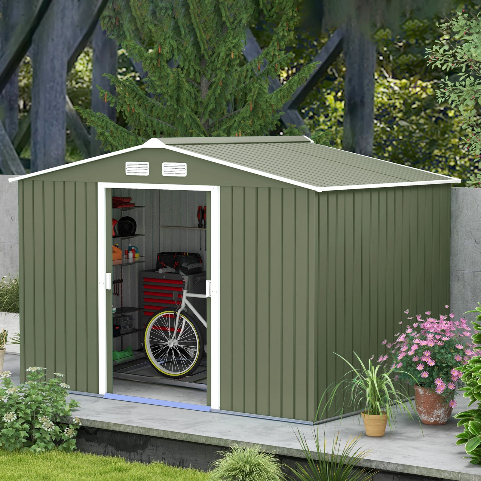 Garden Shed Storage Unit With Locking Door Floor Foundation | Medium | Light Green