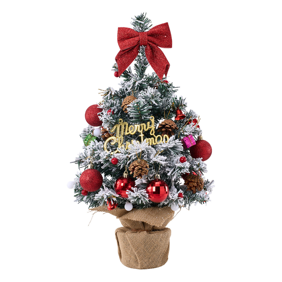 24in Pre-lit Snow-flocked Artificial Mini Artificial Christmas Tree, Merry Christmas