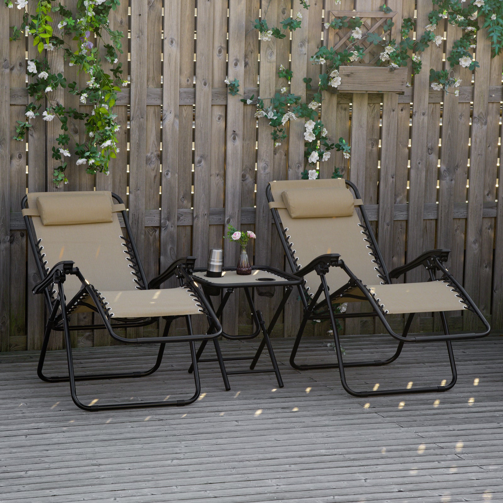 3pc Zero Gravity Chairs Sun Lounger Table Set W/ Cup Holders | Beige