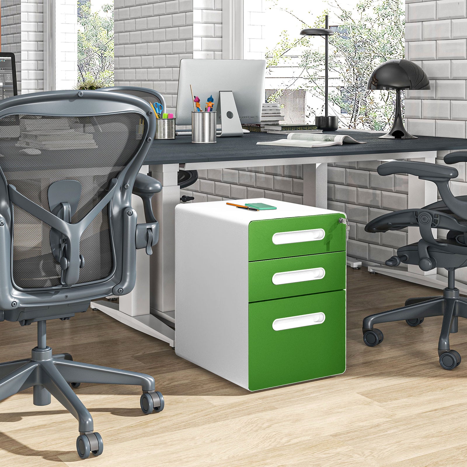 3 Drawer Modern Steel Filing Cabinet With 4 Wheels | One Size | Green
