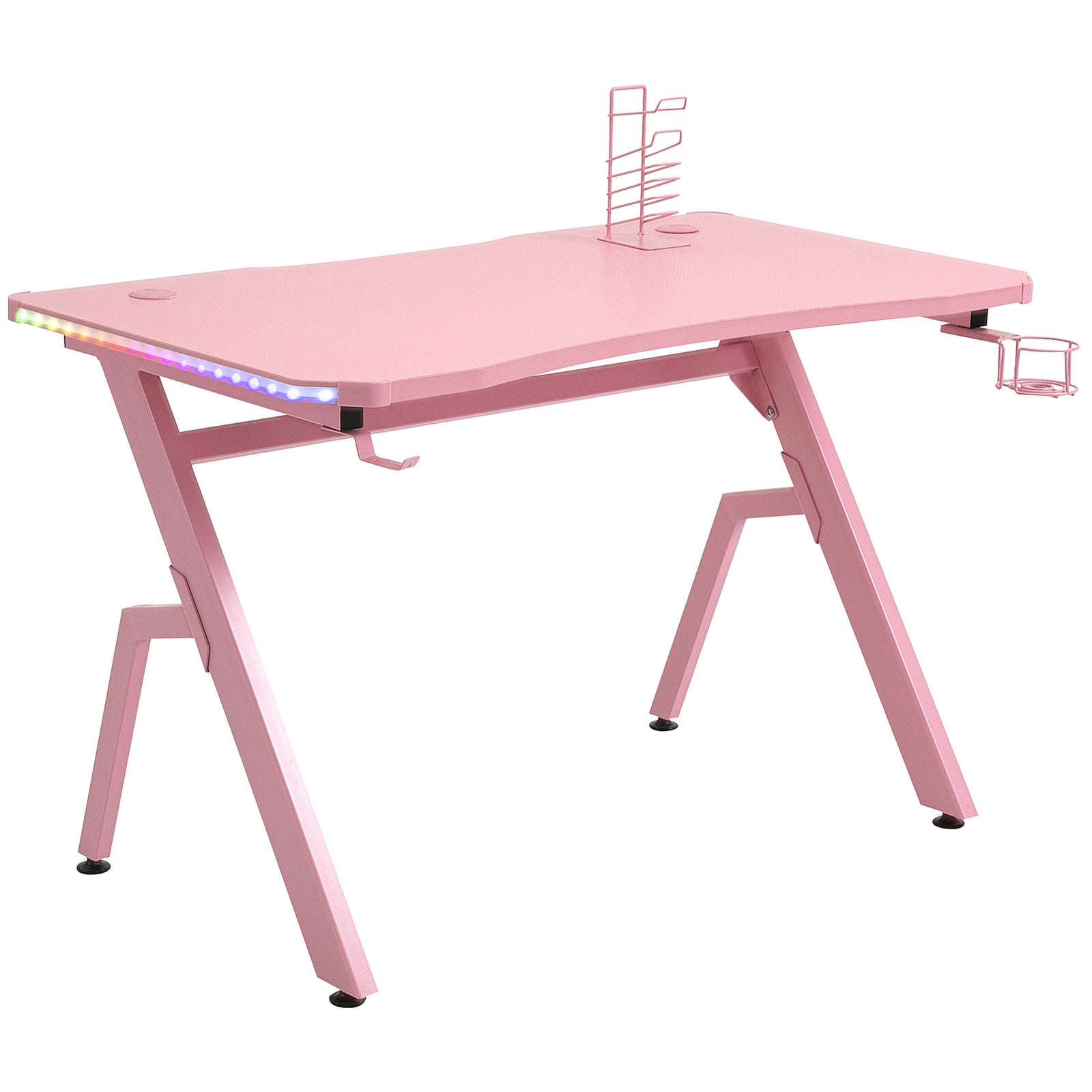 Ergonomic Gaming Desk With Hook Cup Holder Led | Pink