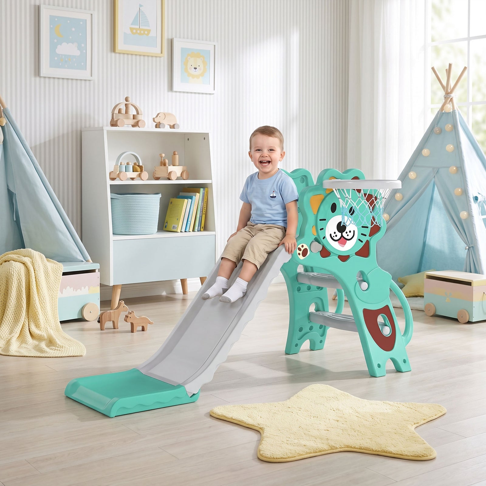 AIYAPLAY 3 In 1 Kids Slide For Indoor With Basketball Hoop